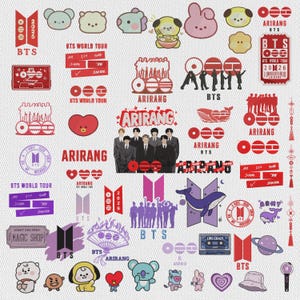 May include: A collection of stickers featuring BTS-themed graphics, including the BTS logo, silhouettes of the group, cartoon characters, the text Arirang, BTS World Tour, and Magic Shop, presented in a color palette of red, purple, and white.