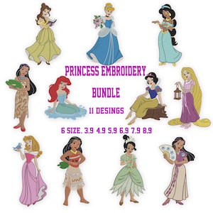 Puede incluir: Una colección digital de 11 diseños de bordado de princesas con varios personajes en trajes coloridos. El texto dice PRINCESS EMBROIDERY BUNDLE 11 DESINGS 6 SIZE. 3.9 4.9 5.9 6.9 7.9 8.9. Cada personaje está representado en una pose distinta.