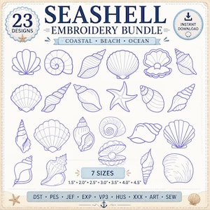 Seashell Embroidery Designs Bundle, Coastal Beach Embroidery Files, Ocean Shell Machine Embroidery Patterns, PES DST JEF