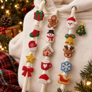Puede incluir: Una sudadera con capucha de color crema que presenta tres cordones gruesos adornados con varios parches bordados con motivos navideños, incluyendo un regalo, calcetín, manopla, estrella, lazo, hombre de jengibre, muñeco de nieve y un trineo.