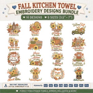 Puede incluir: Una colección digital de 16 diseños de bordado con temática otoñal para paños de cocina, con calabazas, girasoles y follaje. El paquete incluye 8 tamaños de 8,9 a 17,8 cm y es compatible con formatos de archivo como DST, PES y JEF.