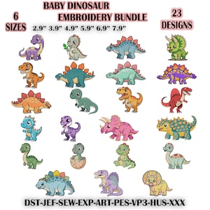 May include: A digital embroidery bundle featuring 23 colorful baby dinosaur designs in 6 sizes ranging from 2.9 to 7.9 inches. The collection includes various species like T-Rex, Triceratops, and Stegosaurus in multiple poses and file formats.