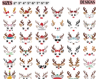 Op de afbeelding: Een digitale collectie van 36 kerst-rendiergezicht borduurontwerpen in 8 maten van 2 tot 9 inch. De afbeelding toont diverse rendieren met rode neuzen, strikken, mutsen, brillen en kerstverlichting. Tekst bevat CUTE REINDEER FACES BUNDLE.
