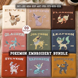 Paquete de diseños de bordado de Pokémon, paquete de bordado de evolución del zorro fantástico, conjunto de diseños de bordado de criaturas elementales