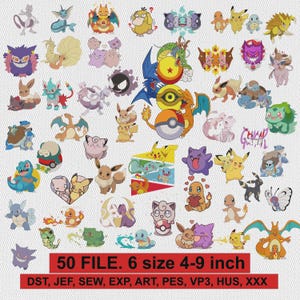 Puede incluir: Una colección de cincuenta diseños de bordado de personajes de dibujos animados coloridos con varias criaturas en poses dinámicas. La imagen incluye el texto 50 FILE. 6 size 4-9 inch y una lista de formatos: DST, JEF, SEW, EXP, ART, PES, VP3, HUS, XXX.