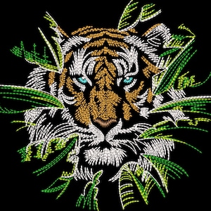 May include: Embroidered tiger face with striking blue eyes, set against a black background. The tiger's fur is detailed in shades of gold, white, and brown, surrounded by green and white embroidered foliage. A detailed animal art design.