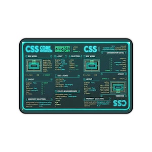 May include: A rectangular black mousepad with a neon green and blue design. The mousepad features the text "CSS CORE REFERENCES DIRECTORY" and other technical terms related to CSS coding.