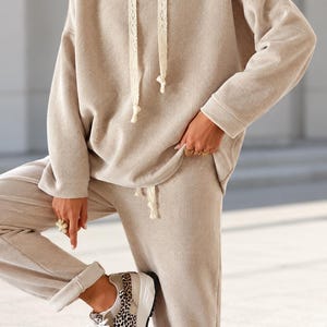 Jet Stream Two Piece Set for Women, Hooded Pullover and High Waist Pants, Lace Detail Casual Matching Outfit