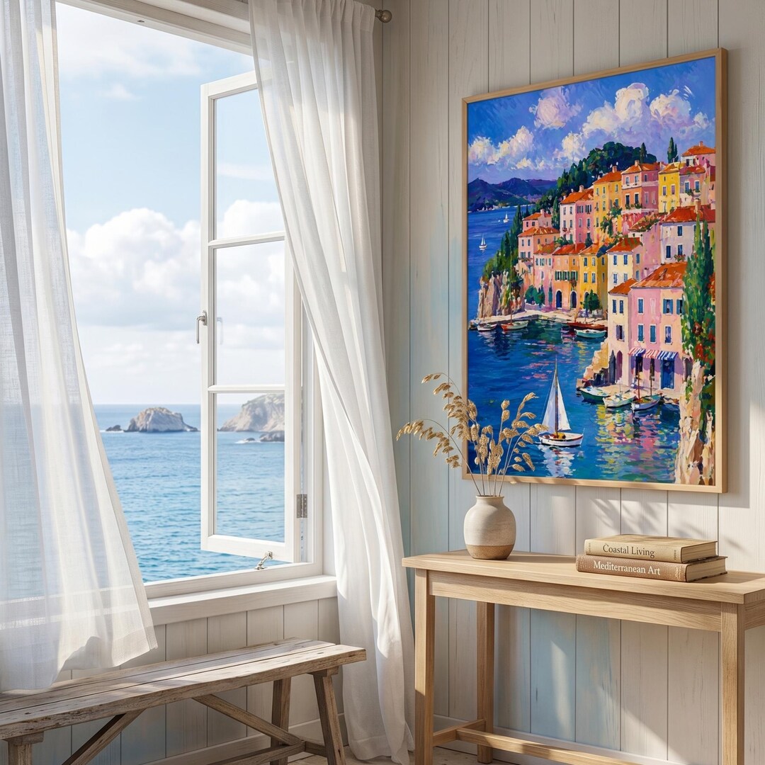 Colorful Mediterranean Coastal Village Wall Art Print, Seaside Town ...