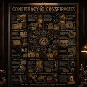Könnte beinhalten: Ein gerahmtes Poster mit dem Titel "The Conspiracy of Conspiracies" mit einer Karte verborgener Erzählungen. Das Poster zeigt verschiedene Illustrationen und Texte, darunter ein Allsehendes-Auge-Symbol. Das Bild befindet sich in einem schwach beleuchteten Raum mit Bücherregal, Schreibtisch und Vintage-Lampe.