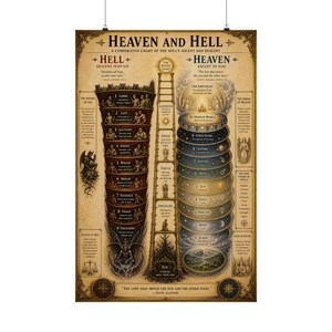 May include: A vintage-style poster titled "Heaven and Hell," depicting a comparative chart of the soul's ascent and descent. The artwork features detailed illustrations of the levels of Hell and Heaven, with text labels and ornate borders. The poster is printed on aged paper.