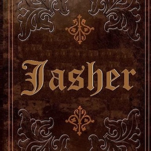 Pode incluir: Uma capa de livro castanha com a palavra "Jasher" em letras góticas douradas. A capa tem desenhos florais ornamentados em relevo nos cantos e no centro, com uma borda decorativa.