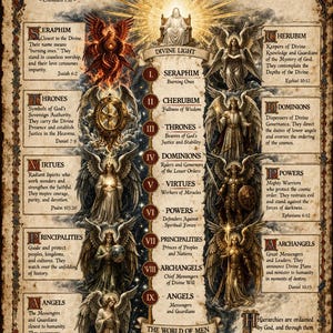 May include: A detailed illustration depicting the nine orders of angels, a celestial hierarchy. The artwork features ornate borders, text, and depictions of angels with wings. The color palette includes warm tones of brown, gold, and red.