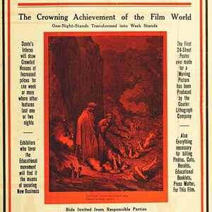 May include: A vintage film poster for "Dante's Inferno" in red and black. The poster features the film title, a dramatic illustration, and text promoting the film's success. Includes text from the Courier Lithograph Company.
