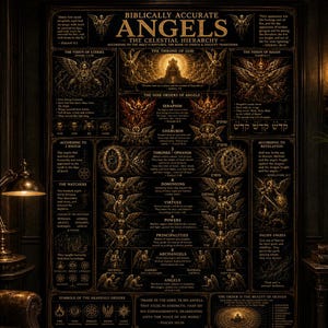 May include: A detailed poster titled "Biblically Accurate Angels" depicting the celestial hierarchy. The artwork features intricate illustrations of various angelic orders, including Seraphim, Cherubim, and Dominions, with accompanying text. The color palette is dominated by dark tones with gold accents.