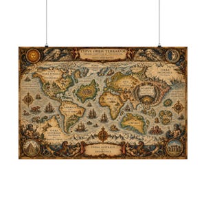May include: A vintage-style world map titled TYPVS ORBIS TERRARVM featuring sepia-toned continents, mythical sea creatures, and compass roses. The map includes labels for Atlantis, Lemuria, and Agartha, with decorative sun and moon icons.