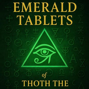 Puede incluir: Gráfico verde oscuro con texto dorado que dice "THE EMERALD TABLETS" y "of THOTH THE ATLANTEAN". Un triángulo verde con un símbolo de ojo está en el centro. El fondo está cubierto de símbolos.