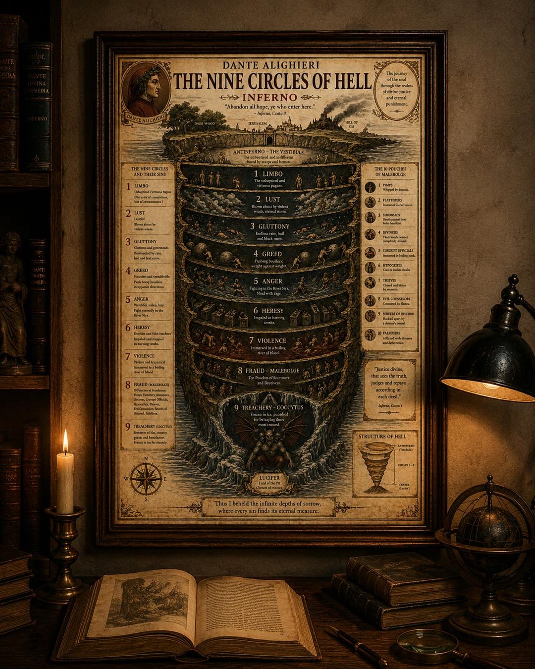 Dante's Nine Circles of Hell Diagram – Inferno Map Poster (A1 Digital ...
