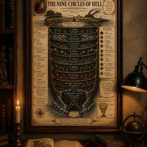 May include: A framed vintage print of Dante Alighieri's "The Nine Circles of Hell." The artwork depicts a detailed illustration of hell's structure, with text and imagery in a classic style. A lit candle and open book are in the foreground.