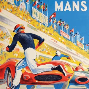 May include: Vintage poster for the 24 Hours of Le Mans race in 1959. The image features a red race car with a driver in a helmet and racing suit, with the race title and date in large text. Flags of various nations are in the background.