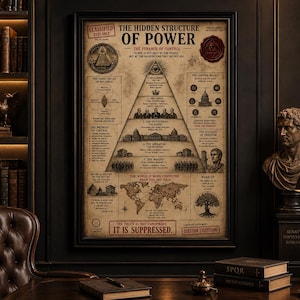 Peut inclure: Une affiche encadrée de style vintage intitulée "The Hidden Structure of Power". L'affiche présente un graphique pyramidal avec du texte et des illustrations, dont une carte du monde et la phrase "The Truth Is Not Conspiracy. It Is Suppressed."