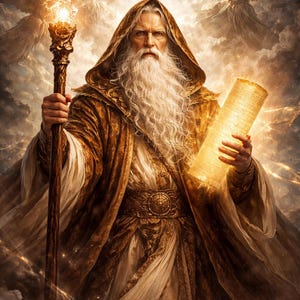 May include: Digital illustration of a wise figure with a long white beard, wearing a gold and cream-colored robe and hood. The figure holds a glowing staff and scroll, with angels and a bright light in the background. Fantasy art.