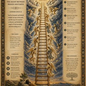 May include: An illustrated depiction of Jacob's Ladder, showing angels ascending and descending a ladder between earth and heaven. The image includes text from Genesis, a vision of angels, and the Lord above. The colour scheme is warm, with a focus on religious themes.