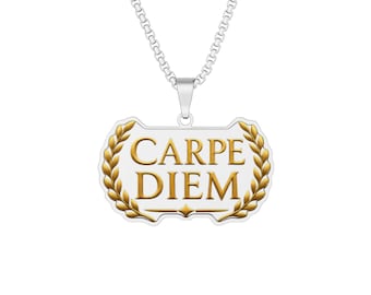 Ciondolo/collana con incisione "Carpe Diem" e alloro