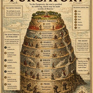 Puede incluir: Un póster de estilo vintage que representa "El Monte del Purgatorio" de Dante Alighieri. La obra de arte ilustra el ascenso a través de las siete terrazas, cada una representando un pecado, con texto y figuras detalladas.