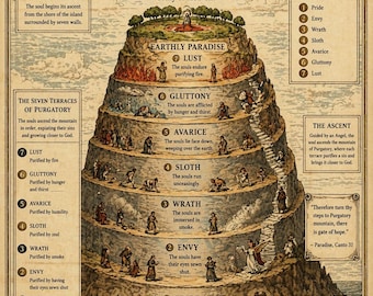 Dantes skärseldbergsdiagram – Gudomliga komedin Purgatorio-kartaposter (digital nedladdning)