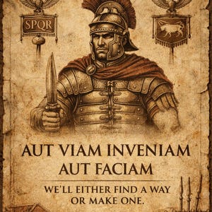 May include: A vintage-style poster featuring a Roman soldier in full armor, holding a dagger. The poster has the text "AUT VIAM INVENIAM AUT FACIAM" and "WE'LL EITHER FIND A WAY OR MAKE ONE." The background is aged parchment.