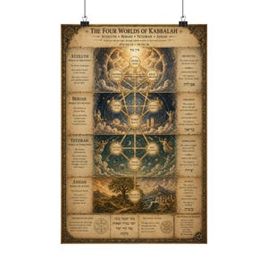 May include: A poster titled "The Four Worlds of Kabbalah" with detailed illustrations and text. The artwork features a central tree-like diagram with interconnected circles and Hebrew text, set against a vintage-style background with ornate borders.