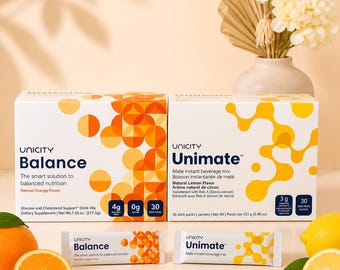 Unicity Balance & Unimate Combo Pack | Orange and Lemon Drink Mix (30 Stick Packs Each)