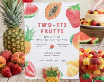 Invitación de cumpleaños Two-tti Frutti / Tema de frutas veraniegas en acuarela (plantilla digital de Canva)