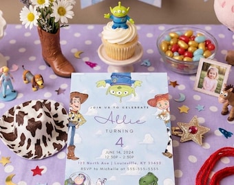 Plantilla editable de invitación de cumpleaños con diseño de vaquero espacial en acuarela (descarga digital)