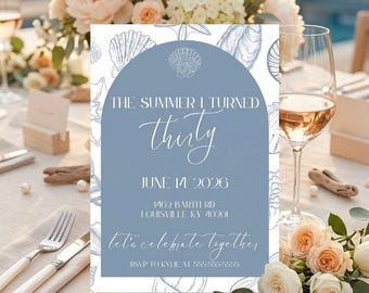 Invitación editable de cumpleaños número 30 con temática costera, plantilla de arco de conchas marinas veraniegas (descarga digital)