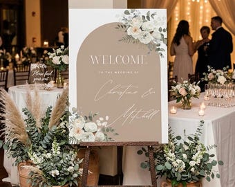Plantilla de cartel de bienvenida para boda con arco floral estilo bohemio (descarga digital)