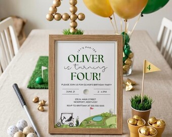 Invitación de golf, temática de carrito de acuarela, fiesta de cumpleaños número 4 (plantilla digital)