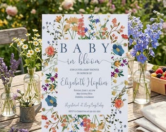 Floración caprichosa en el jardín / Plantilla editable para invitación de baby shower