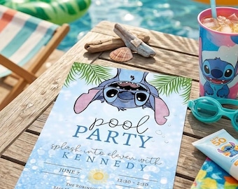 Invitación editable de cumpleaños con temática de fiesta en la piscina de Stitch / Invitación veraniega tropical azul / Descarga digital instantánea