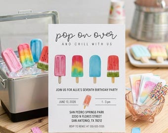 ¡Dulce celebración! Invitación de cumpleaños con temática de paletas de helado de colores.