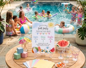 Fiesta de cumpleaños triple en la piscina - Plantilla editable de Canva