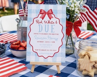 Invitación para baby shower "Red White and Due", diseño patriótico "Little Firecracker" (plantilla digital)
