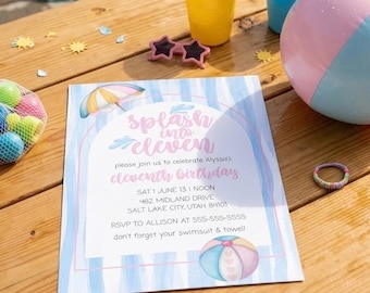 Invitación editable para fiesta en la piscina en tonos pastel, ¡Chapuzón en el cumpleaños número once! (Descarga digital)