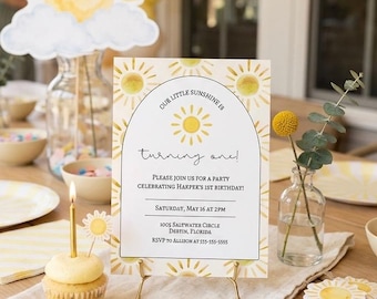 Invitación de primer cumpleaños brillante y soleada / Plantilla digital
