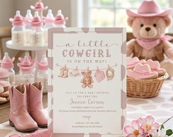¡Hola, bebé! / Invitación editable para baby shower de niña en rosa y floral con estilo western