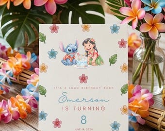 Invitación de cumpleaños editable de Lilo y Stitch / Invitación con diseño de flores tropicales y ambiente veraniego / Descarga digital instantánea
