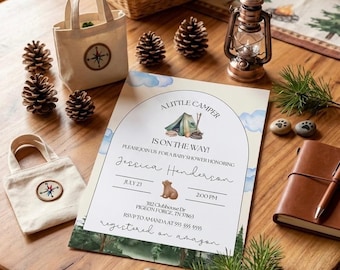 Invitación para baby shower con temática de campamento en el bosque, tienda de campaña en acuarela con oso (descarga editable)
