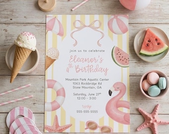 Invitación editable para fiesta en la piscina con flotadores, ¡Chapuzón en el cumpleaños número once! (Descarga digital)