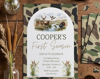Invitación de cumpleaños de la primera temporada / Invitación con acuarela de fauna salvaje con estampado de camuflaje (descarga digital)